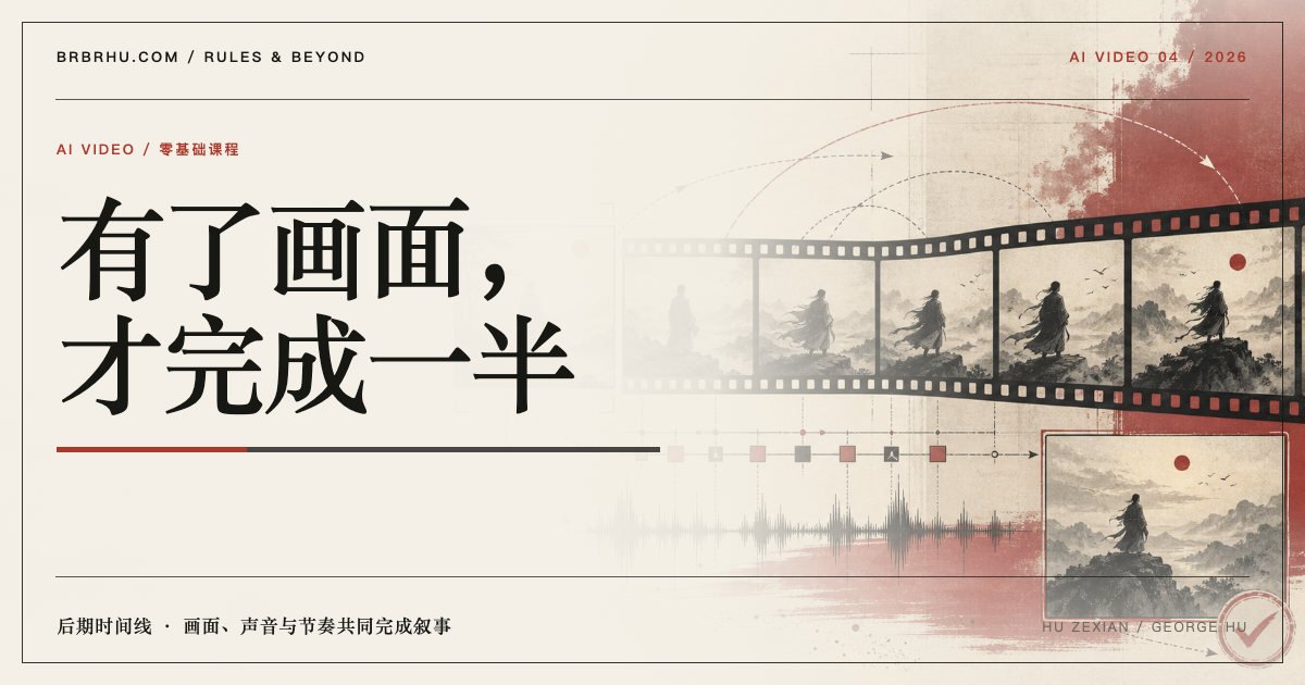 生成镜头与对白、环境声、动作音效和音乐四条轨道在剪辑时间线汇合的编辑视觉